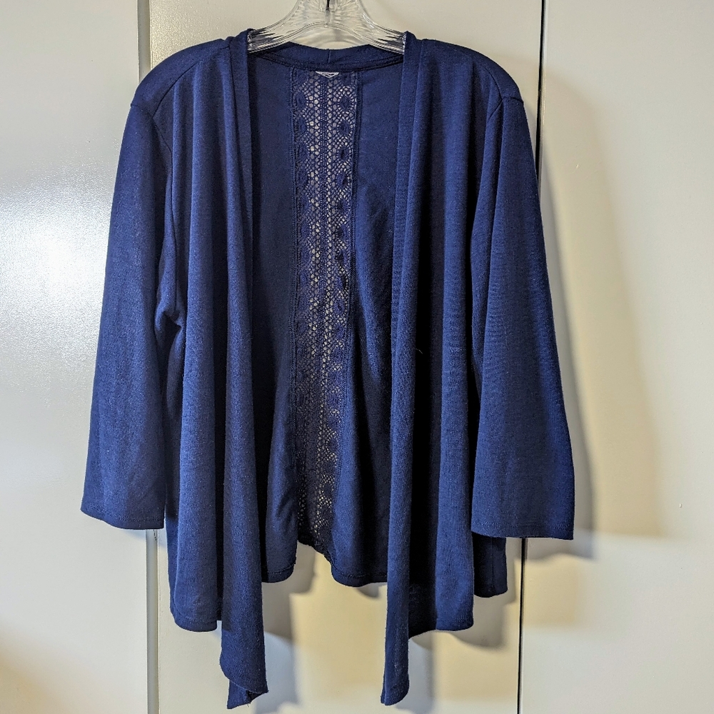 Navy Blue Lightweight Women's Plus 1X Waterfall 3/4 Sleeve Cardigan Crochet